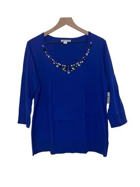 NWT Coldwater Creek XL/16 Beaded Jewel Neck Sweater Blue Twee Whimsy
